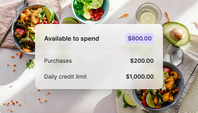 Mobile app interface showing $800 available to spend, $200 in purchases, and a $1,000 daily credit limit, displayed over a background of fresh, colorful meals with avocados, limes, and vegetables